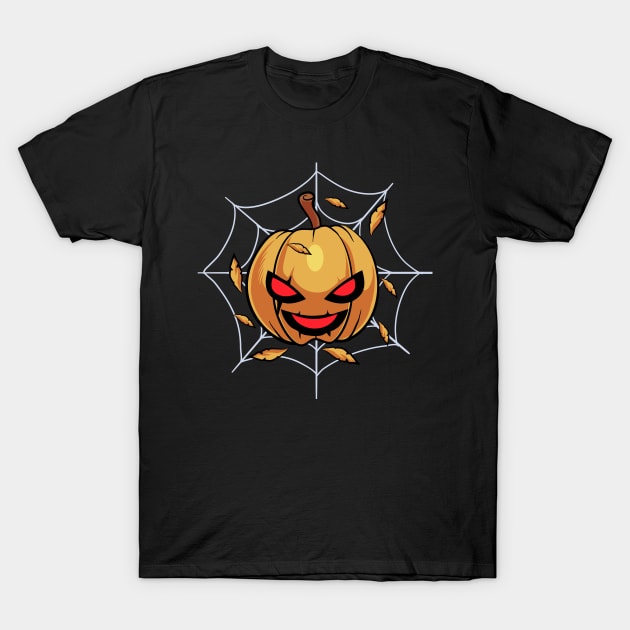 Pumpkin on spider web T-Shirt by DionArts